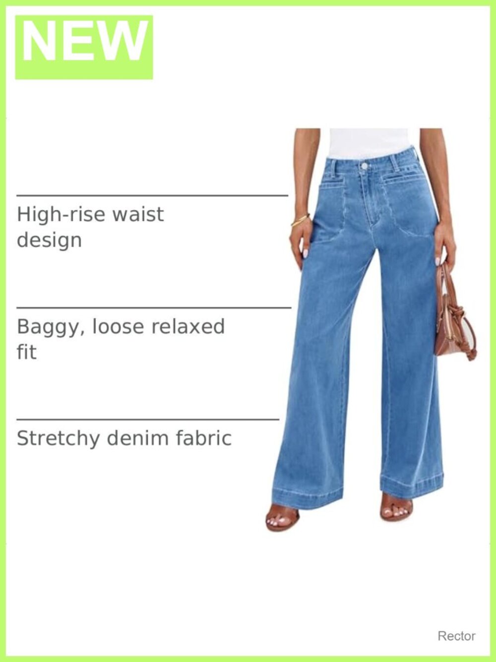 Wide Leg High Waisted Baggy Stretch Denim Jeans Four Pockets - Picture 3 of 6